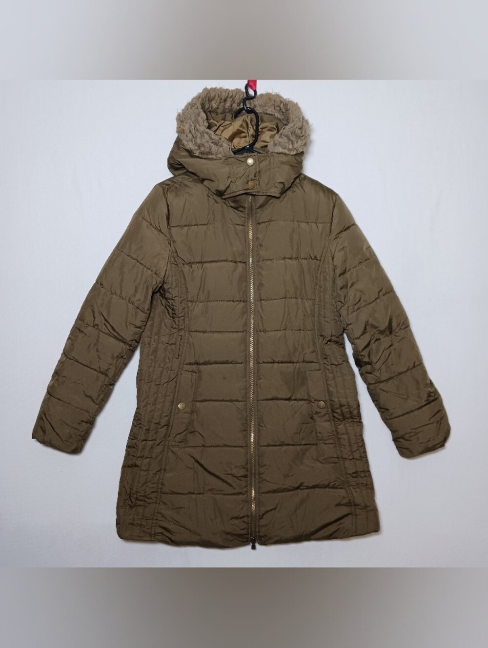 Old Navy Womens Long Quilted Puffer Coat Medium Olive Green Faux Fur Lined Hood